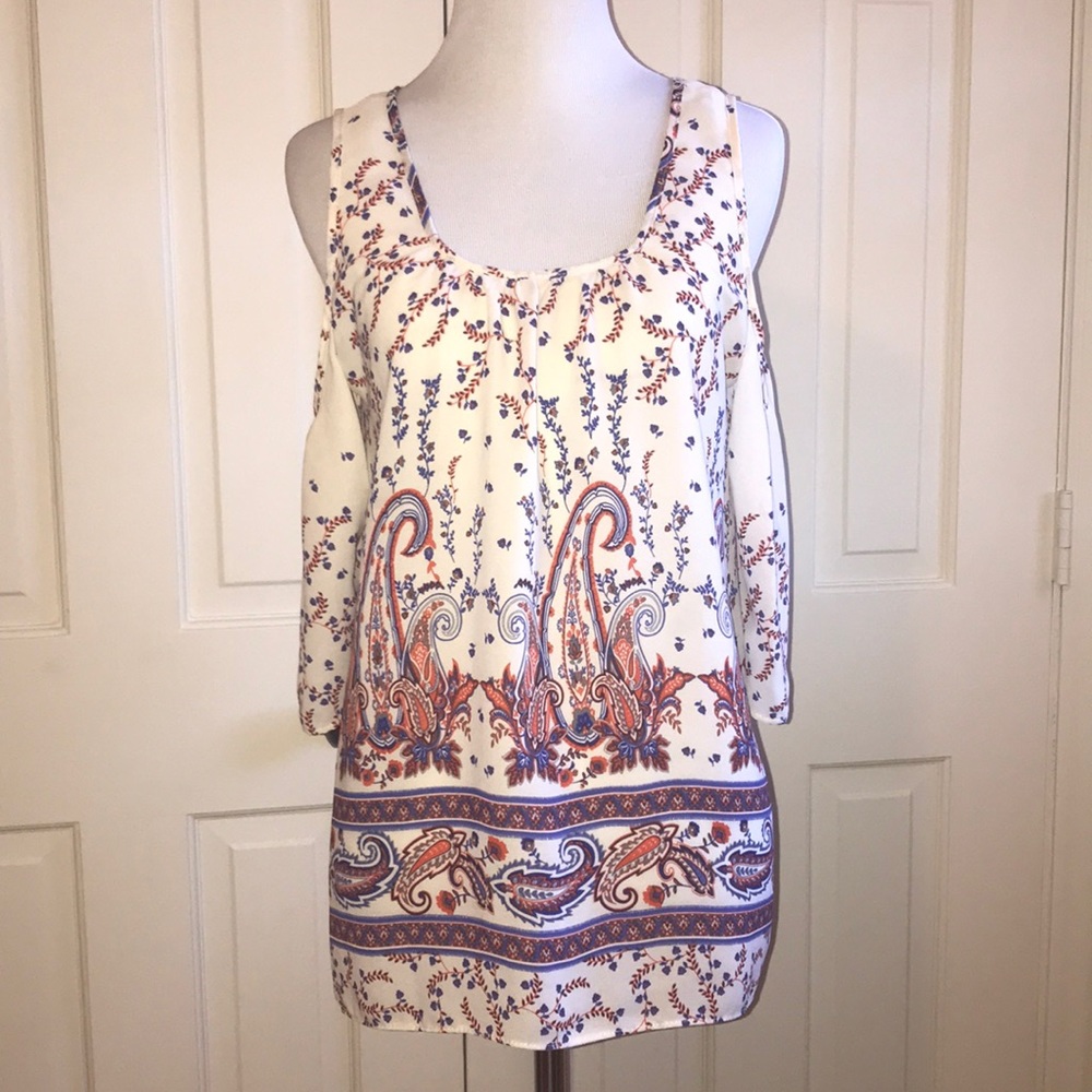 Peacocks Floral Print Cold- Shoulder Top